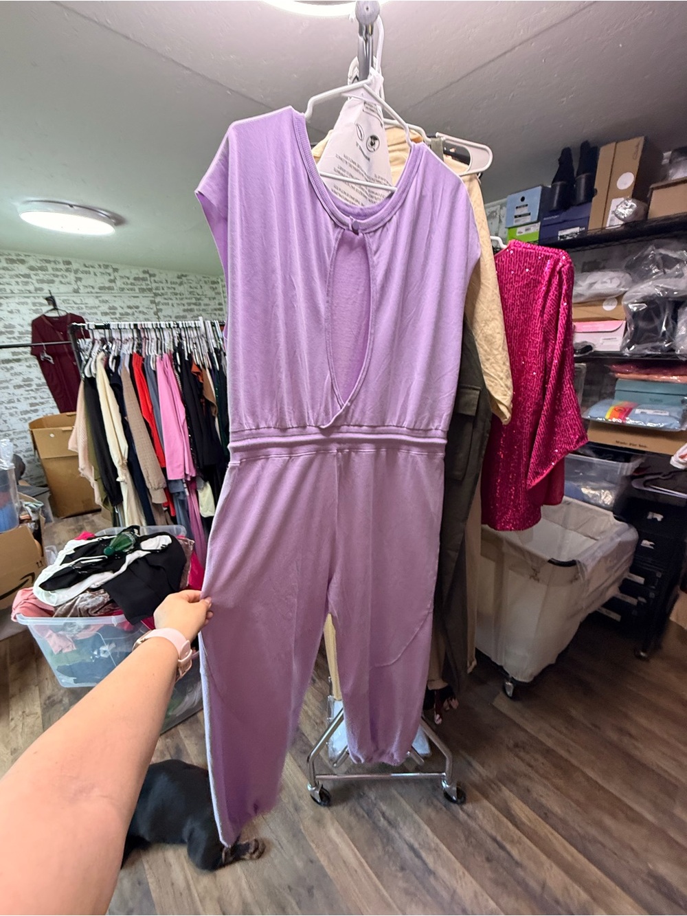 Cap-Sleeve Lilac Drawstring Jumpsuit - Picture 3 of 9